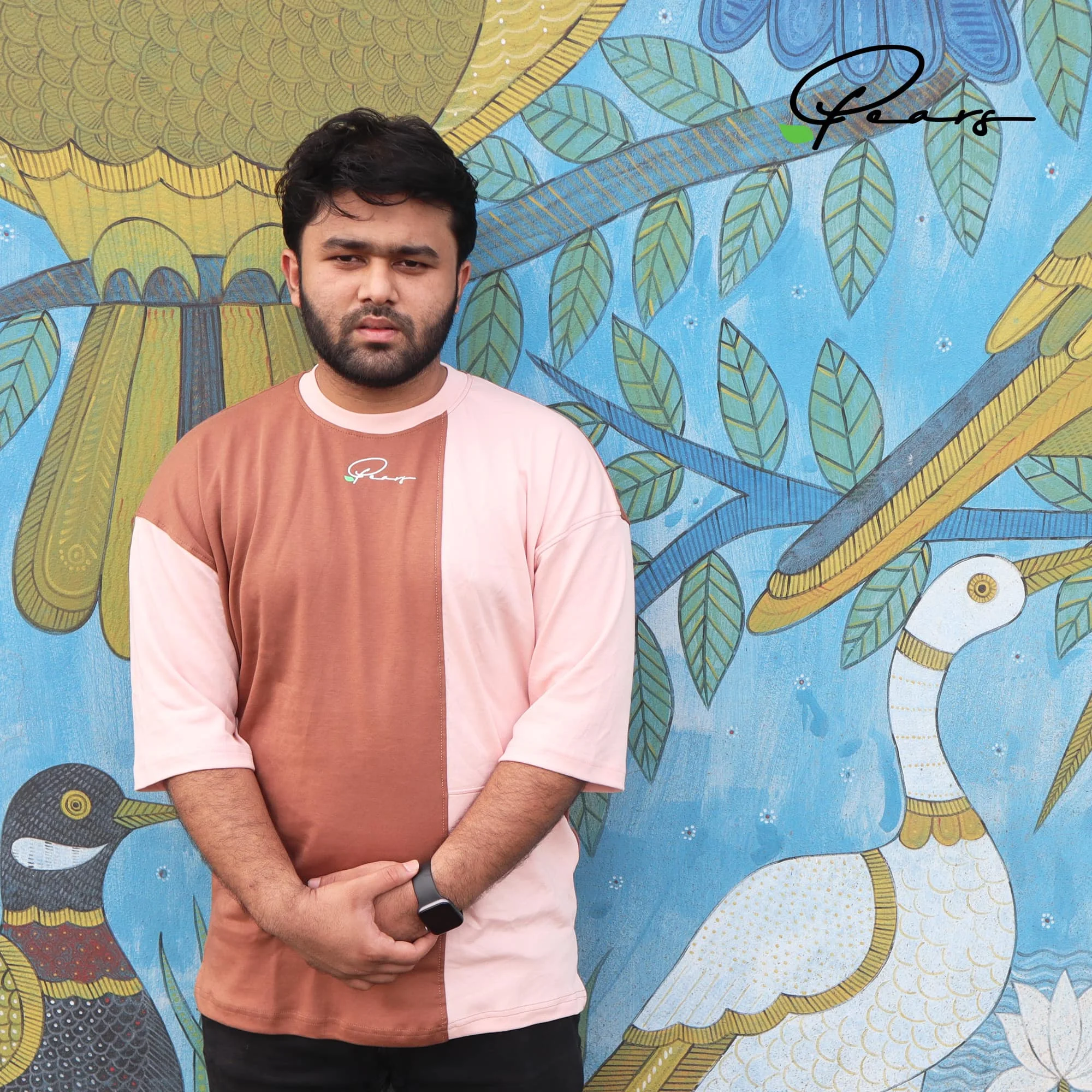 Drop Shoulder T-Shirt - Peach & Brown